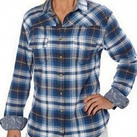 Jachs Girlfriend Bea Blue Plaid Snap Button Up Long Sleeve Shirt Women’s XS - Picture 9 of 9